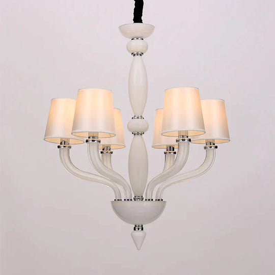 Classic Chandelier With 12 Bulbs In White/Red/Blue Glass Hanging Pendant Light Cone Fabric Shade