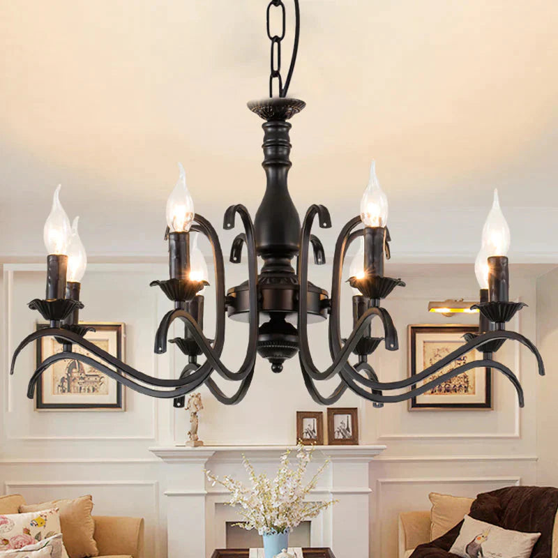 Metal Candle Shaped Ceiling Chandelier Antique 3/5/6 Lights Beedroom Hanging Pendant Light In Black