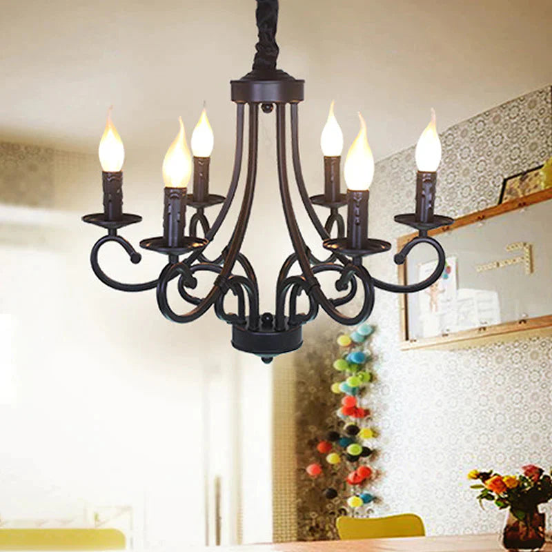 Metal Curly Armed Hanging Chandelier Tradition 6/8 Lights Dining Room Pendant Light Fixture In Black