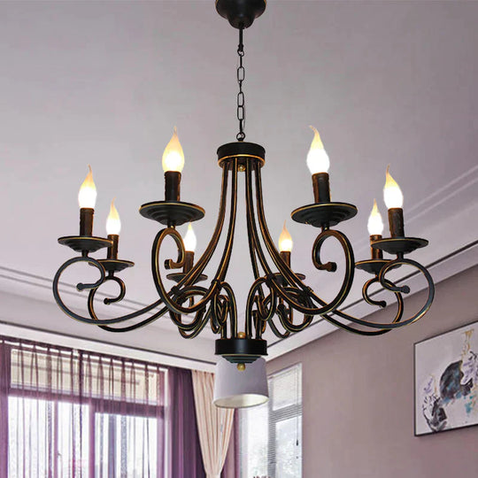 8 Lights Chandelier Pendant Lighting Antique Candle Shaped Metal Hanging Lamp Fixture In Black