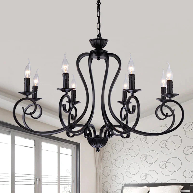 Black Swirled Arm Cahndelier Lamp Vintage Metal 8 Lights Bedroom Hanging Pendant Light