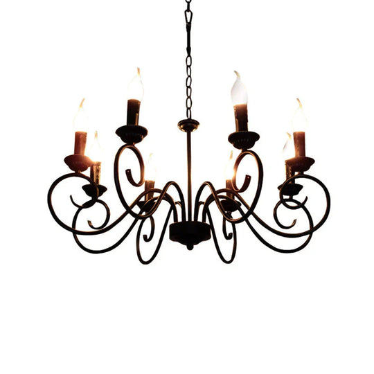 Scrolled Arm Metal Hanging Chandelier Tradition 8 Bulbs Ceiling Pendant Light In Black