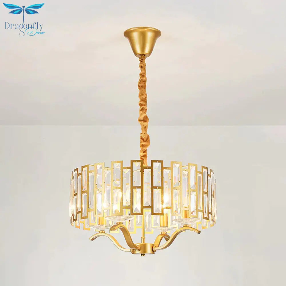 3/4 Heads Drum Hanging Lamp Traditional Gold Crystal Embedded Chandelier Light With Scrolls