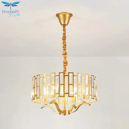 3/4 Heads Drum Hanging Lamp Traditional Gold Crystal Embedded Chandelier Light With Scrolls