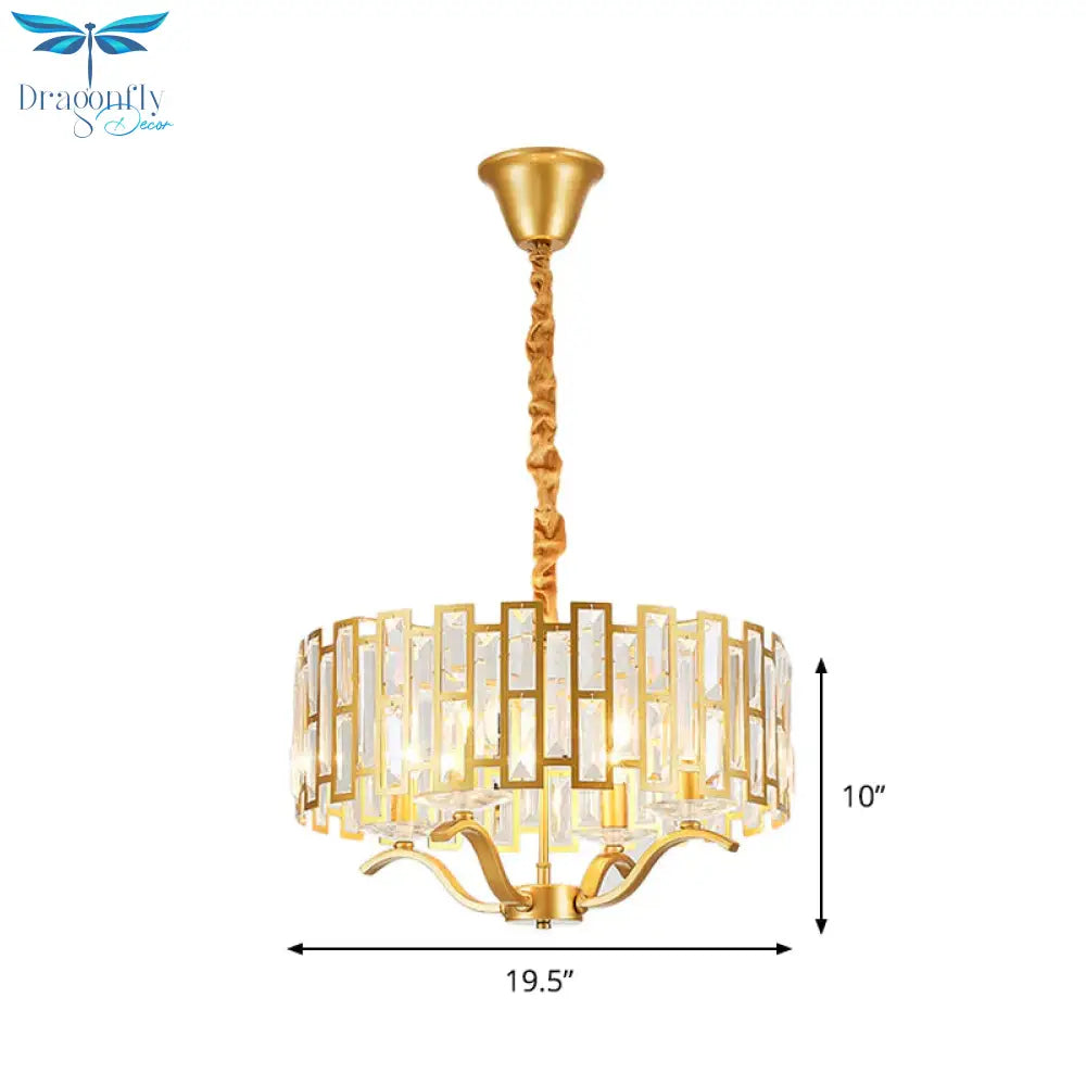 3/4 Heads Drum Hanging Lamp Traditional Gold Crystal Embedded Chandelier Light With Scrolls
