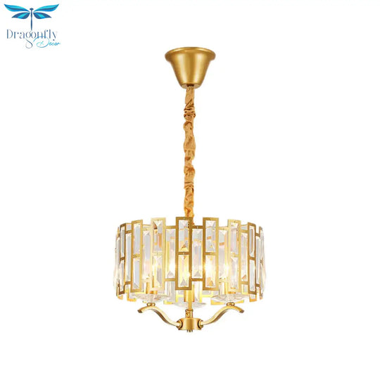 3/4 Heads Drum Hanging Lamp Traditional Gold Crystal Embedded Chandelier Light With Scrolls