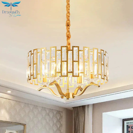 3/4 Heads Drum Hanging Lamp Traditional Gold Crystal Embedded Chandelier Light With Scrolls