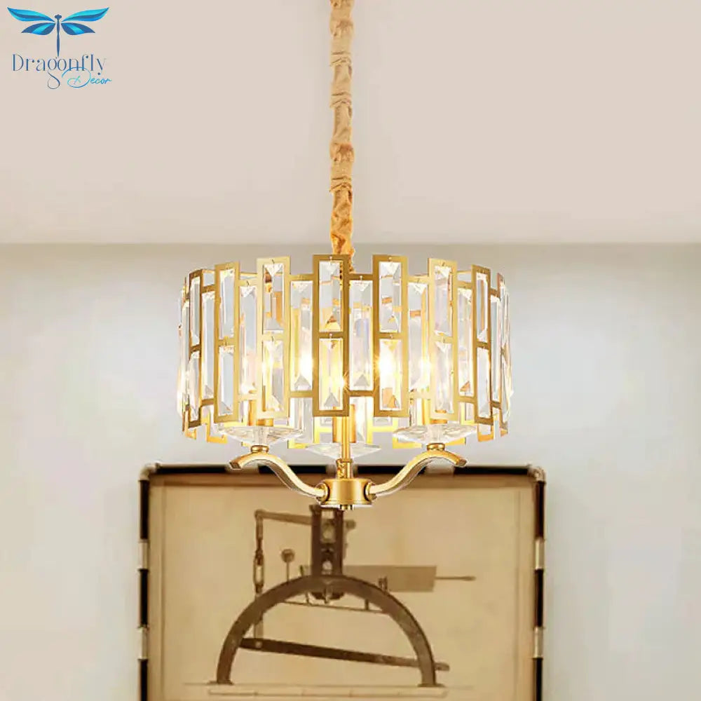 3/4 Heads Drum Hanging Lamp Traditional Gold Crystal Embedded Chandelier Light With Scrolls