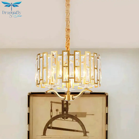 3/4 Heads Drum Hanging Lamp Traditional Gold Crystal Embedded Chandelier Light With Scrolls