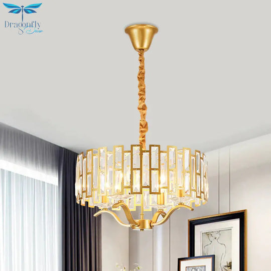 3/4 Heads Drum Hanging Lamp Traditional Gold Crystal Embedded Chandelier Light With Scrolls