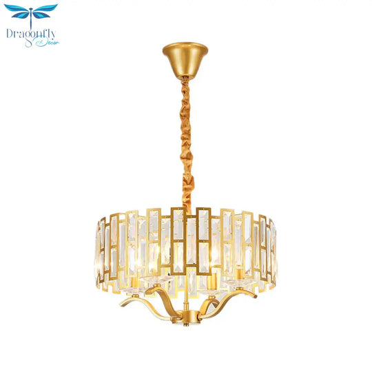 3/4 Heads Drum Hanging Lamp Traditional Gold Crystal Embedded Chandelier Light With Scrolls