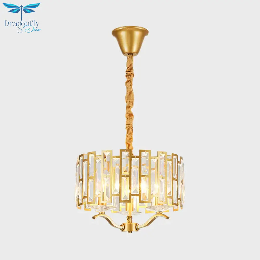 3/4 Heads Drum Hanging Lamp Traditional Gold Crystal Embedded Chandelier Light With Scrolls