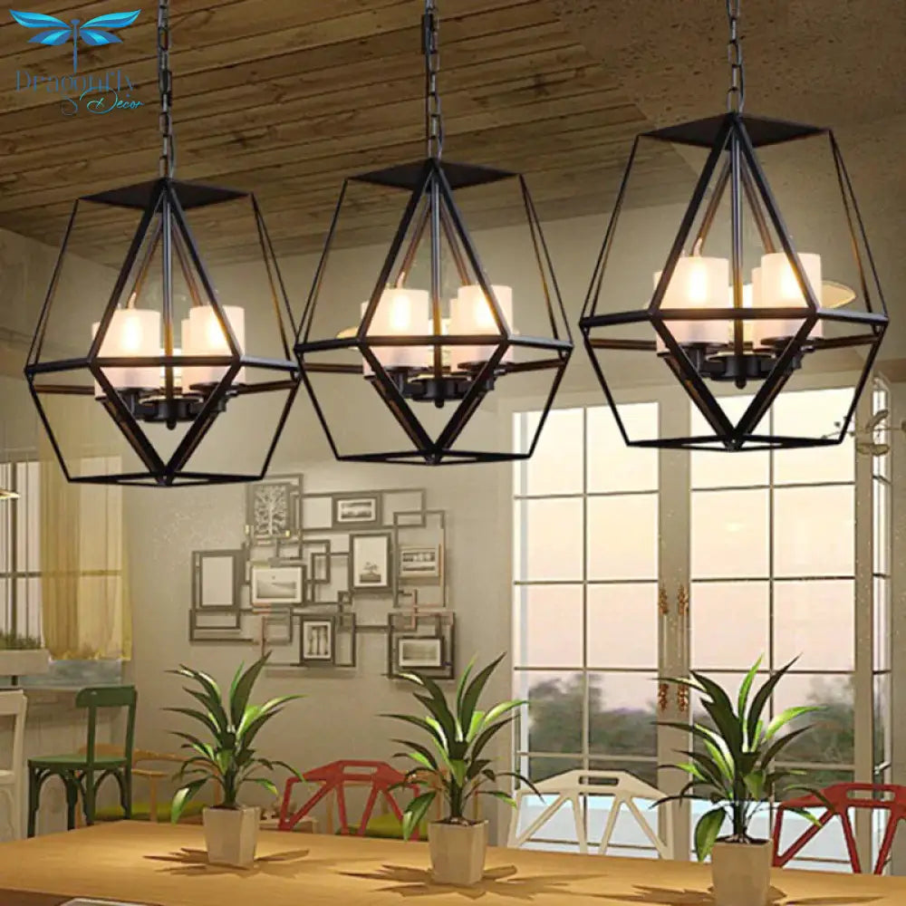 3/4 Lights Ceiling Light Traditional Geometric Frosted Glass Hanging Chandelier In Black With