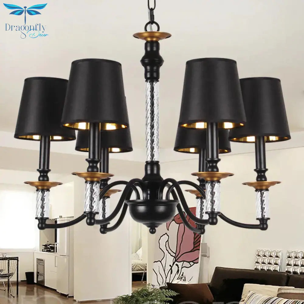 3/5/6 Lights Linen Chandelier Traditional Black Conical Living Room Suspended Lighting Fixture