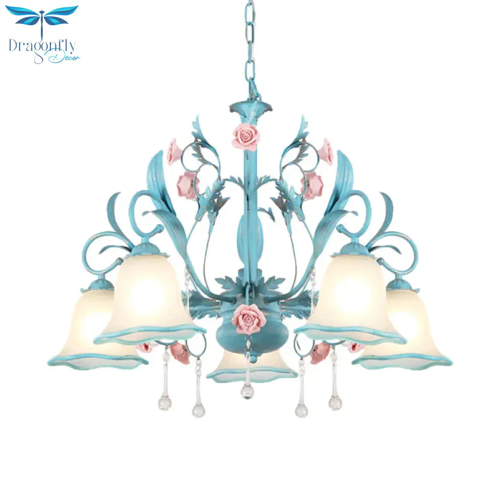 3/5/8 - Head Chandelier Light Pastoral Kitchen Pendant Lamp With Scallop - Trim White Glass Shade