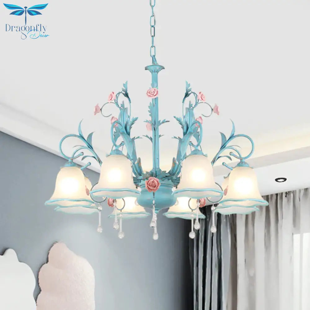 3/5/8 - Head Chandelier Light Pastoral Kitchen Pendant Lamp With Scallop - Trim White Glass Shade