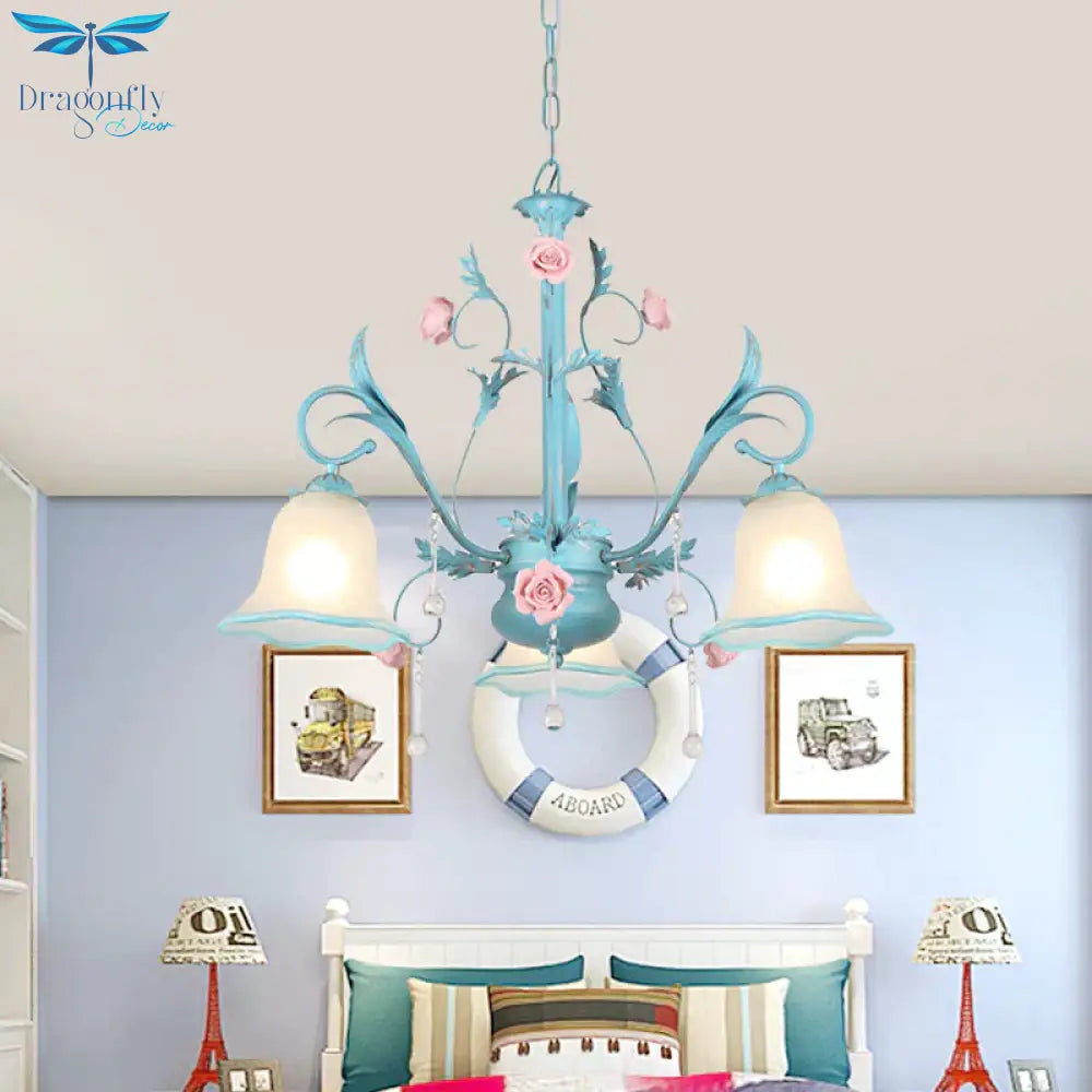 3/5/8 - Head Chandelier Light Pastoral Kitchen Pendant Lamp With Scallop - Trim White Glass Shade
