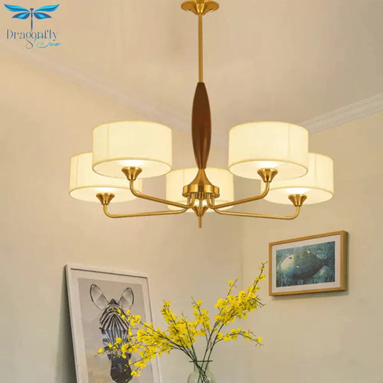 3/5 - Bulb Drop Pendant Countryside Bedroom Chandelier Lamp With Drum Fabric Shade In White