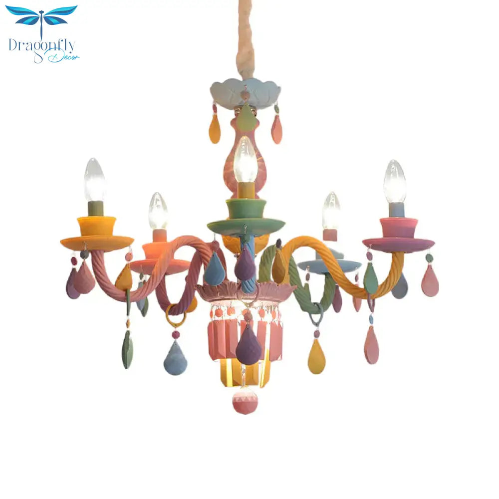 3/5 Bulbs Candle Chandelier Pendant Light Macaron Glass Hanging With Crystal Accent In Multi Color