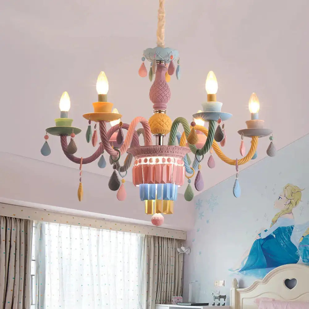 3/5 Bulbs Candle Chandelier Pendant Light Macaron Glass Hanging With Crystal Accent In Multi Color