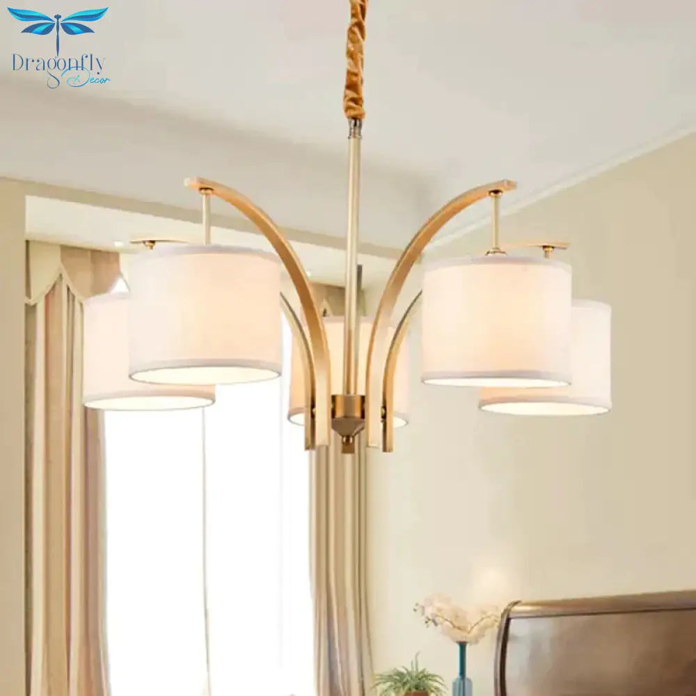 3/5 Bulbs Chandelier Lighting Country Drum Shade Fabric Hanging Lamp In Gold With Metal Curved Arm