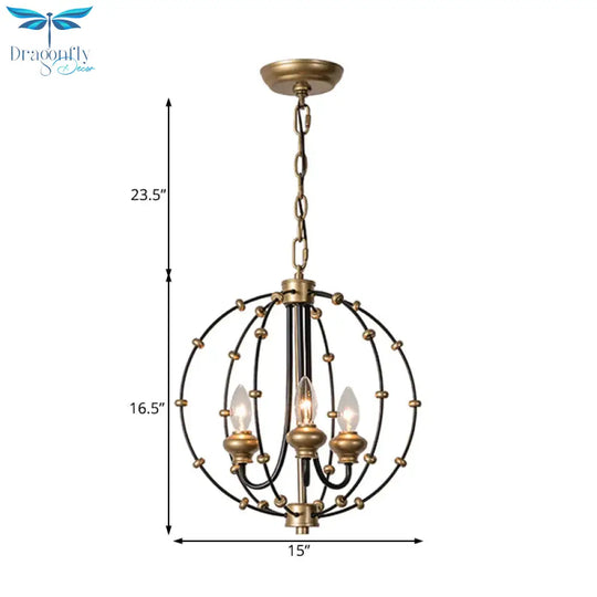 3/5 Bulbs Dining Room Ceiling Lamp Country Black Chandelier Pendant Light With Globe Metal Cage