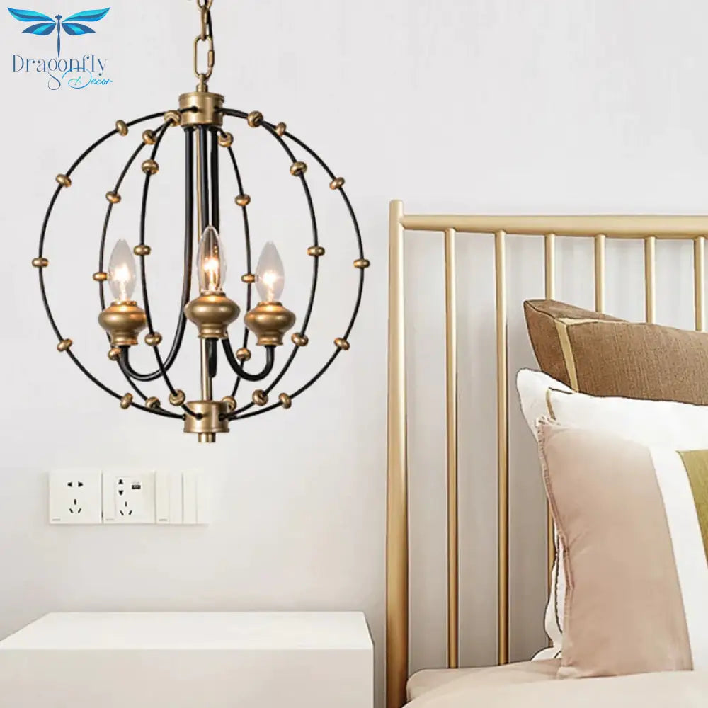 3/5 Bulbs Dining Room Ceiling Lamp Country Black Chandelier Pendant Light With Globe Metal Cage