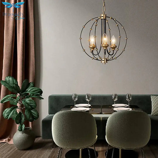 3/5 Bulbs Dining Room Ceiling Lamp Country Black Chandelier Pendant Light With Globe Metal Cage