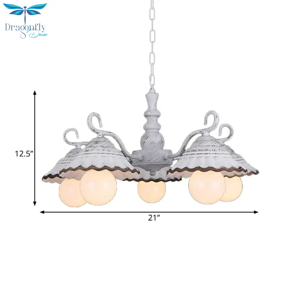 3/5 Bulbs Pendant Chandelier Countryside Scalloped Conic Ceramics Down Lighting In White