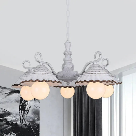 3/5 Bulbs Pendant Chandelier Countryside Scalloped Conic Ceramics Down Lighting In White 5 /