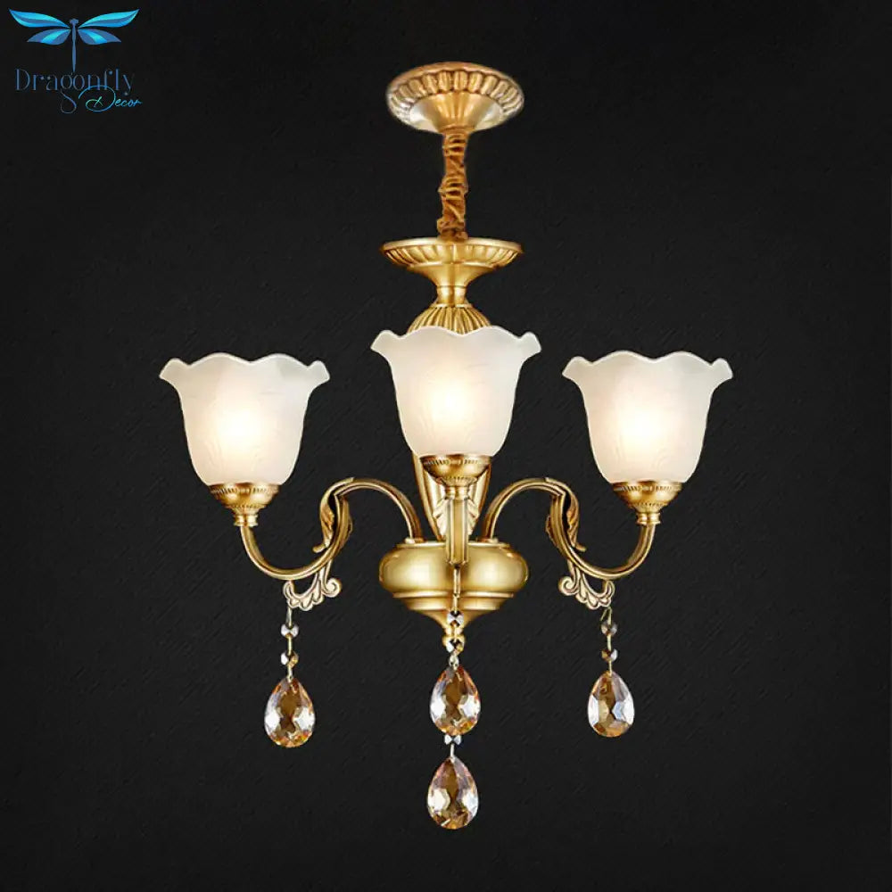 3/5 Bulbs Scrolls Hanging Lamp Traditional Gold Crystal Floral Shade Chandelier With Clear Glass