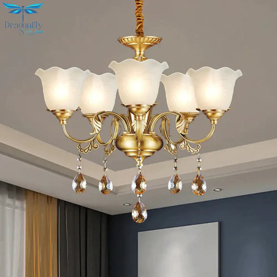 3/5 Bulbs Scrolls Hanging Lamp Traditional Gold Crystal Floral Shade Chandelier With Clear Glass