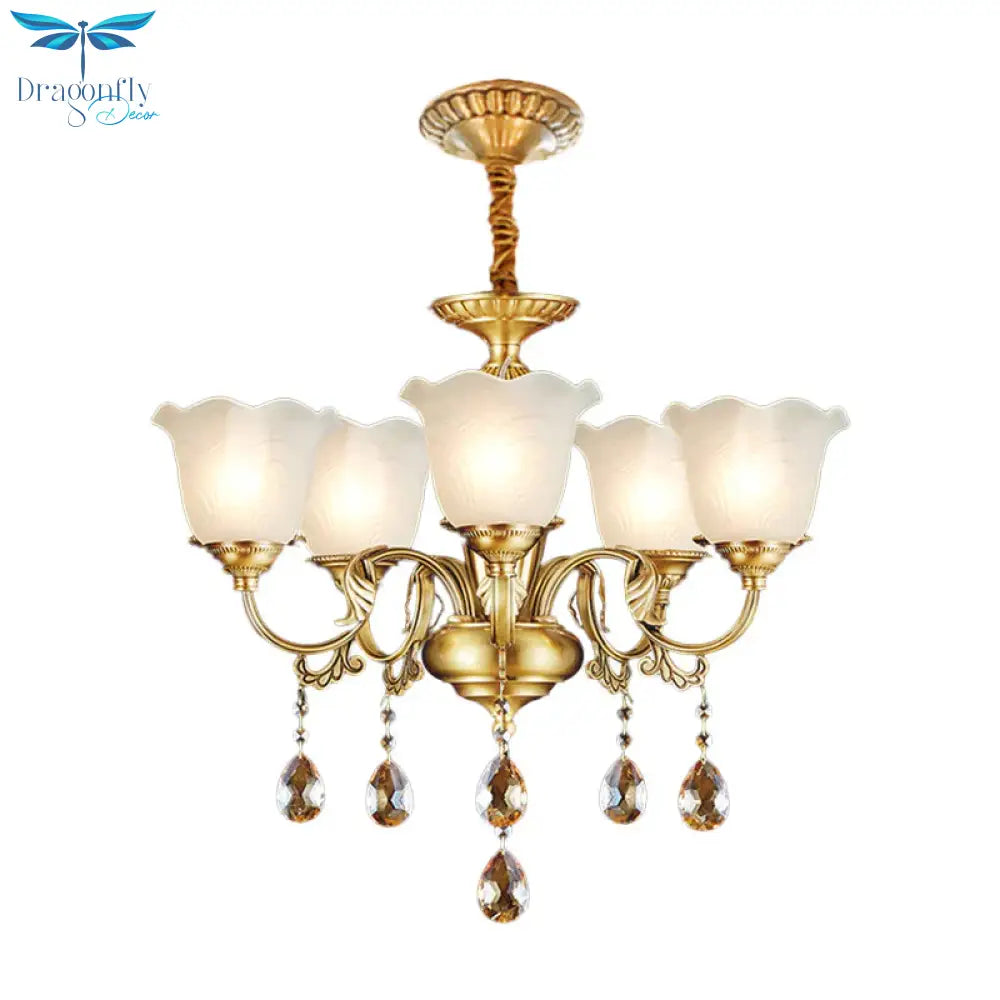 3/5 Bulbs Scrolls Hanging Lamp Traditional Gold Crystal Floral Shade Chandelier With Clear Glass