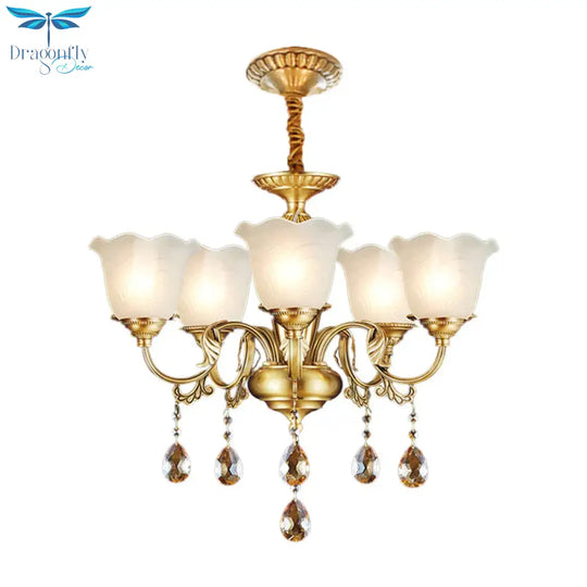 3/5 Bulbs Scrolls Hanging Lamp Traditional Gold Crystal Floral Shade Chandelier With Clear Glass