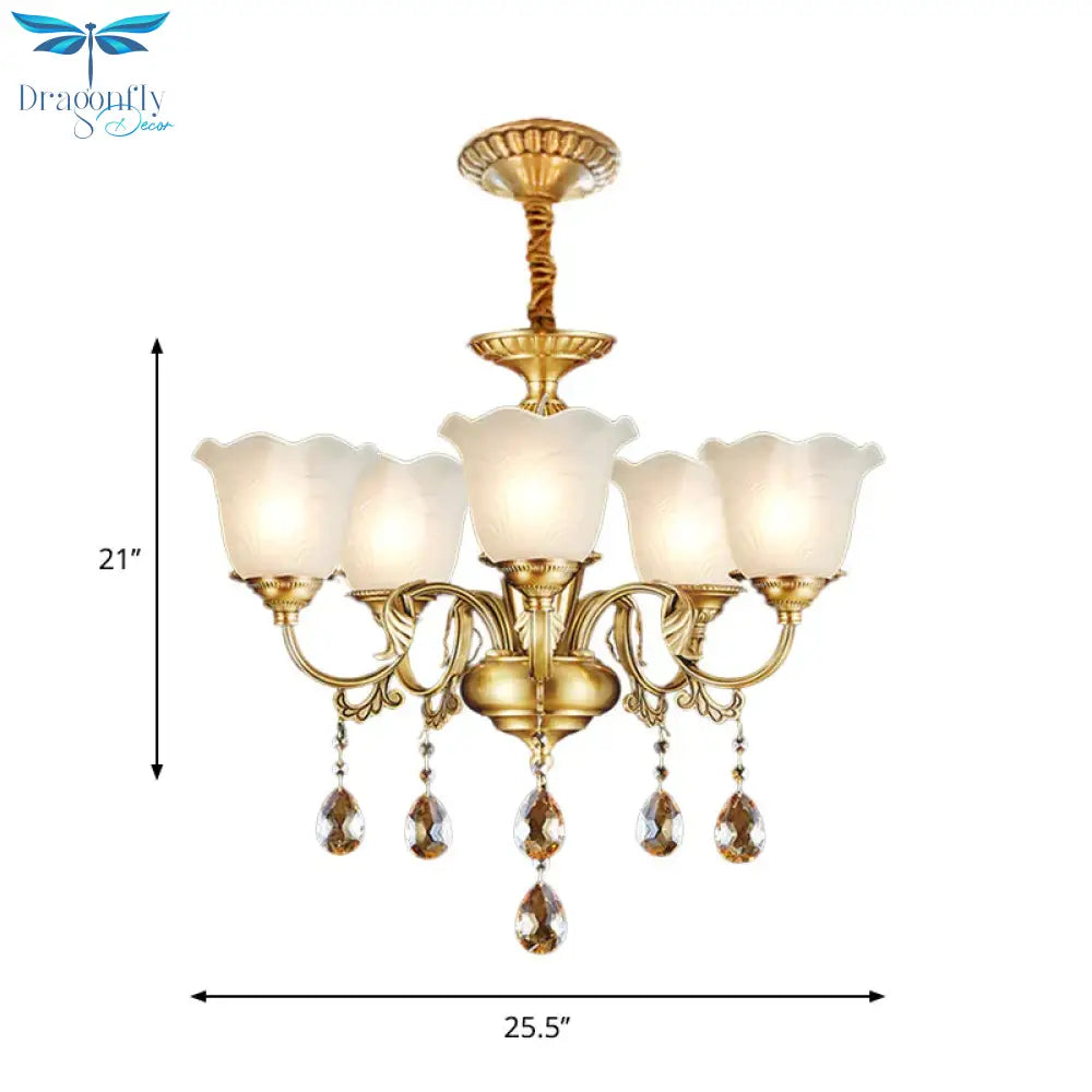 3/5 Bulbs Scrolls Hanging Lamp Traditional Gold Crystal Floral Shade Chandelier With Clear Glass