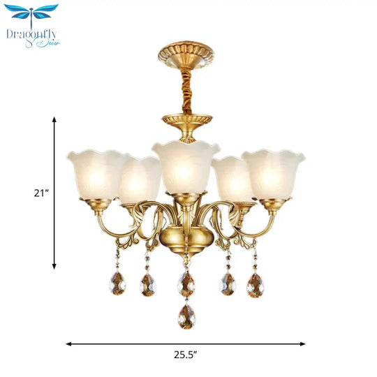 3/5 Bulbs Scrolls Hanging Lamp Traditional Gold Crystal Floral Shade Chandelier With Clear Glass