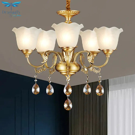 3/5 Bulbs Scrolls Hanging Lamp Traditional Gold Crystal Floral Shade Chandelier With Clear Glass