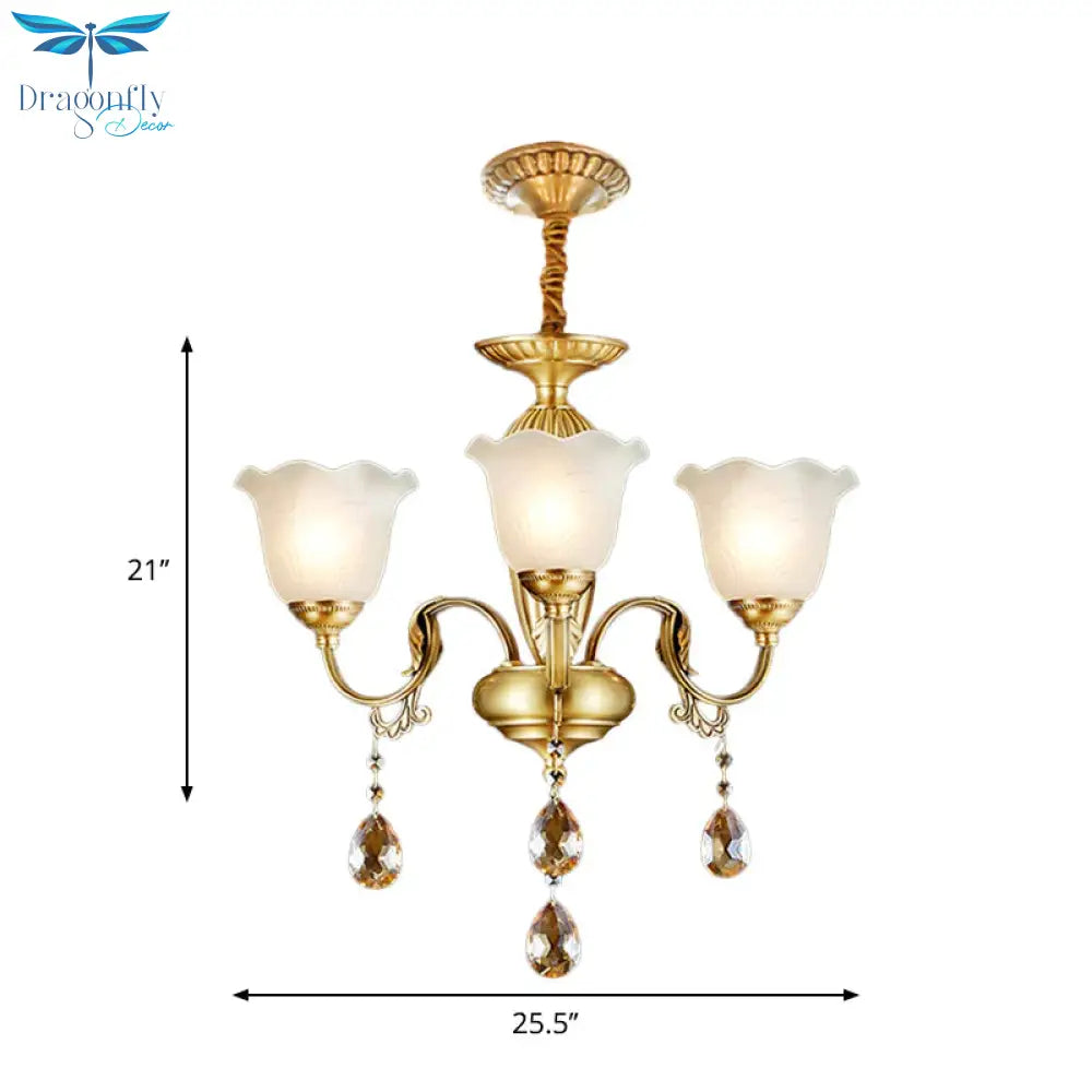 3/5 Bulbs Scrolls Hanging Lamp Traditional Gold Crystal Floral Shade Chandelier With Clear Glass