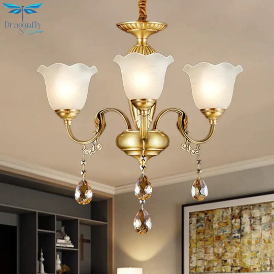 3/5 Bulbs Scrolls Hanging Lamp Traditional Gold Crystal Floral Shade Chandelier With Clear Glass