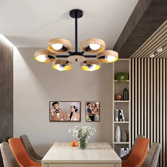 3/6/8 Heads Round Chandelier Light Contemporary Wood Hanging Ceiling In Black/White For Living Room