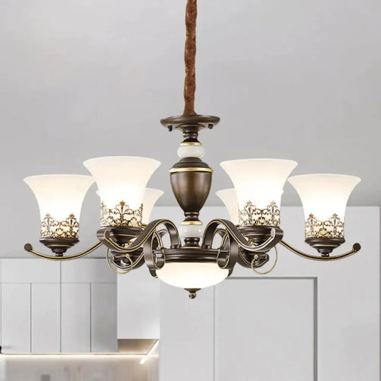 3/6/8 Lights Ceiling Suspension Lamp Rustic Style Bell Shade Cream Glass Chandelier Lighting In