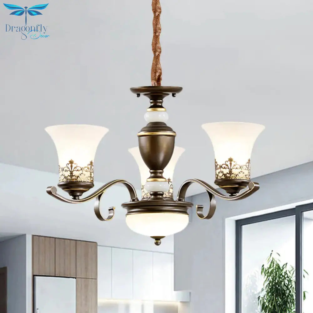 3/6/8 Lights Ceiling Suspension Lamp Rustic Style Bell Shade Cream Glass Chandelier Lighting In