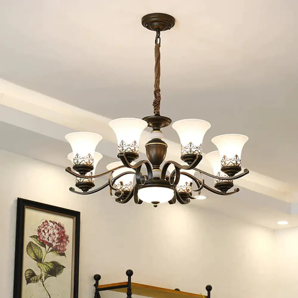 3/6/8 Lights Ceiling Suspension Lamp Rustic Style Bell Shade Cream Glass Chandelier Lighting In