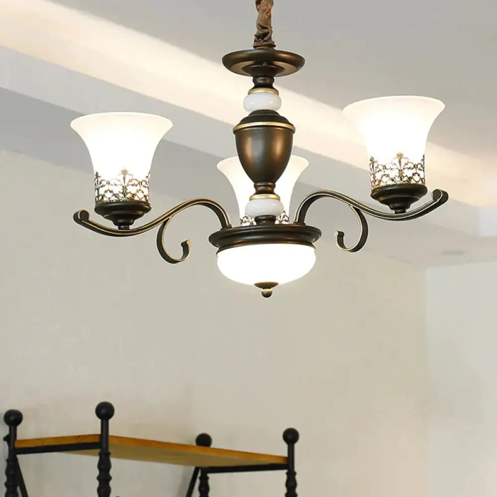 3/6/8 Lights Ceiling Suspension Lamp Rustic Style Bell Shade Cream Glass Chandelier Lighting In