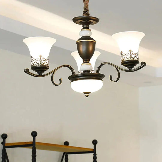3/6/8 Lights Ceiling Suspension Lamp Rustic Style Bell Shade Cream Glass Chandelier Lighting In
