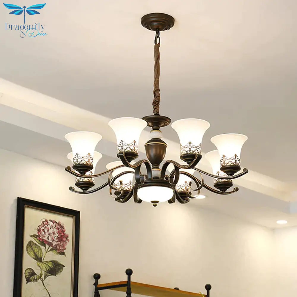 3/6/8 Lights Ceiling Suspension Lamp Rustic Style Bell Shade Cream Glass Chandelier Lighting In