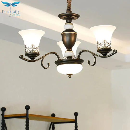 3/6/8 Lights Ceiling Suspension Lamp Rustic Style Bell Shade Cream Glass Chandelier Lighting In