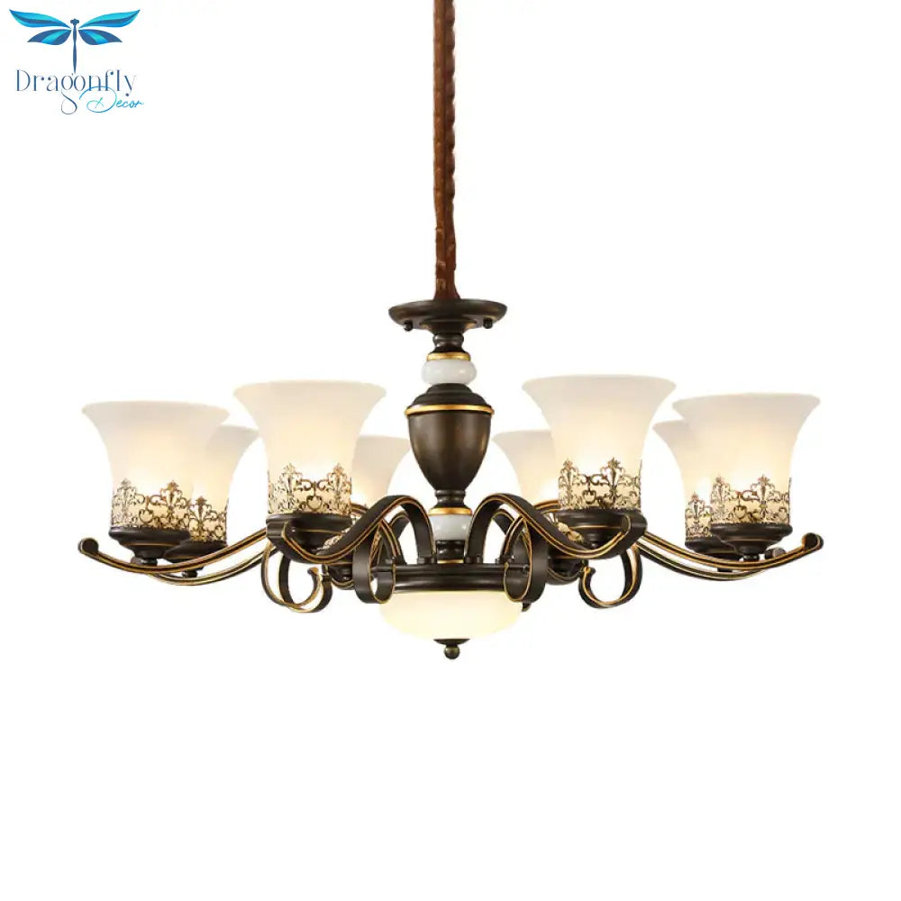 3/6/8 Lights Ceiling Suspension Lamp Rustic Style Bell Shade Cream Glass Chandelier Lighting In