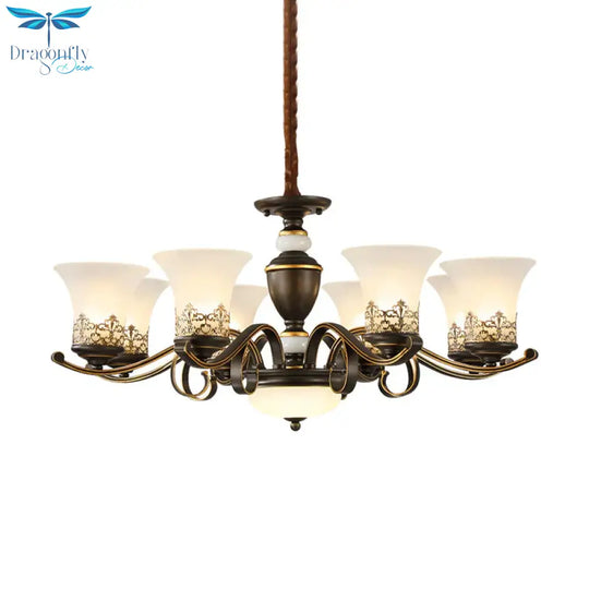 3/6/8 Lights Ceiling Suspension Lamp Rustic Style Bell Shade Cream Glass Chandelier Lighting In