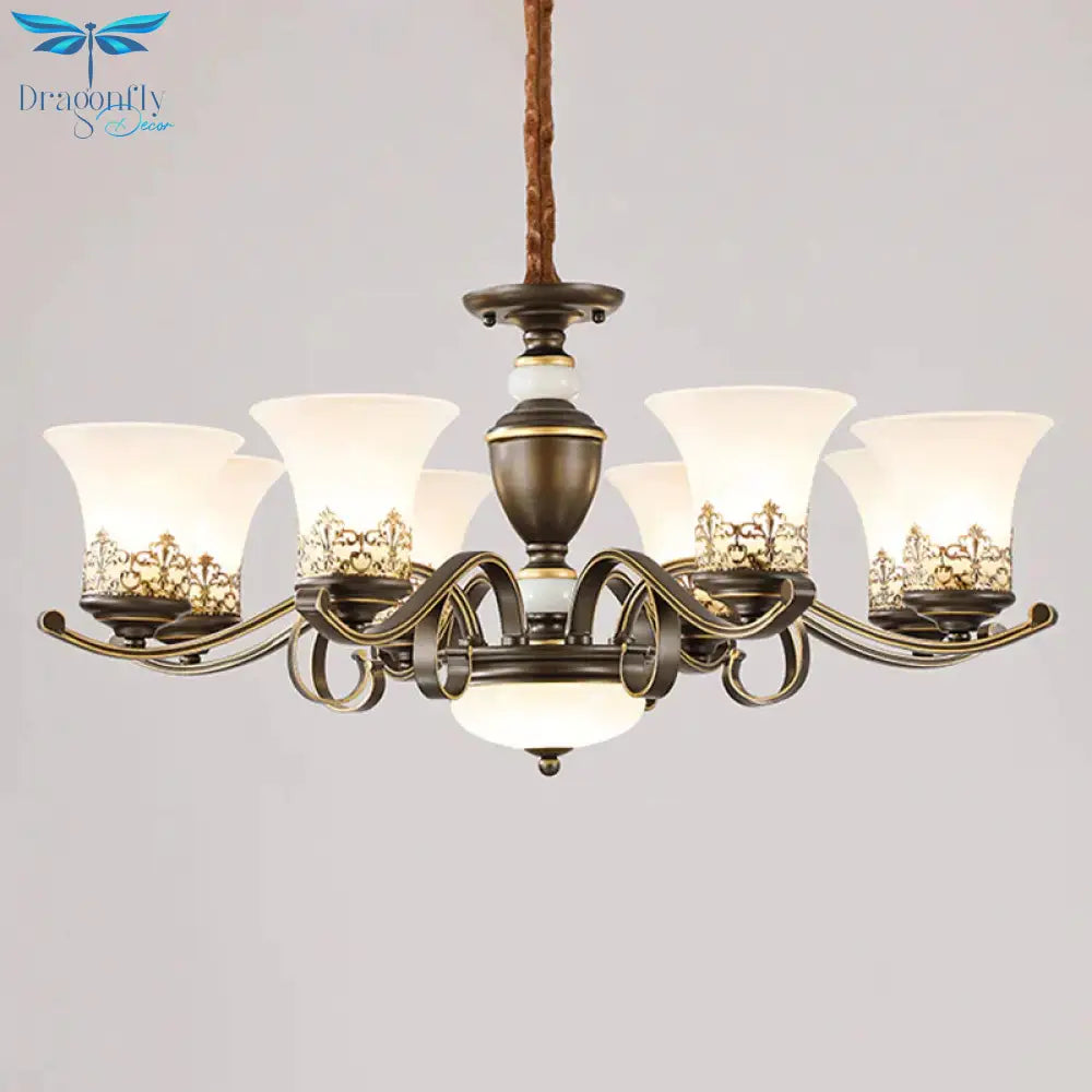 3/6/8 Lights Ceiling Suspension Lamp Rustic Style Bell Shade Cream Glass Chandelier Lighting In